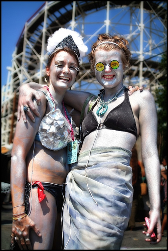 Lisette and Mary, a couple of shiny sparkly silver friends at the Coney Island Mermaid Parade in 2008.
